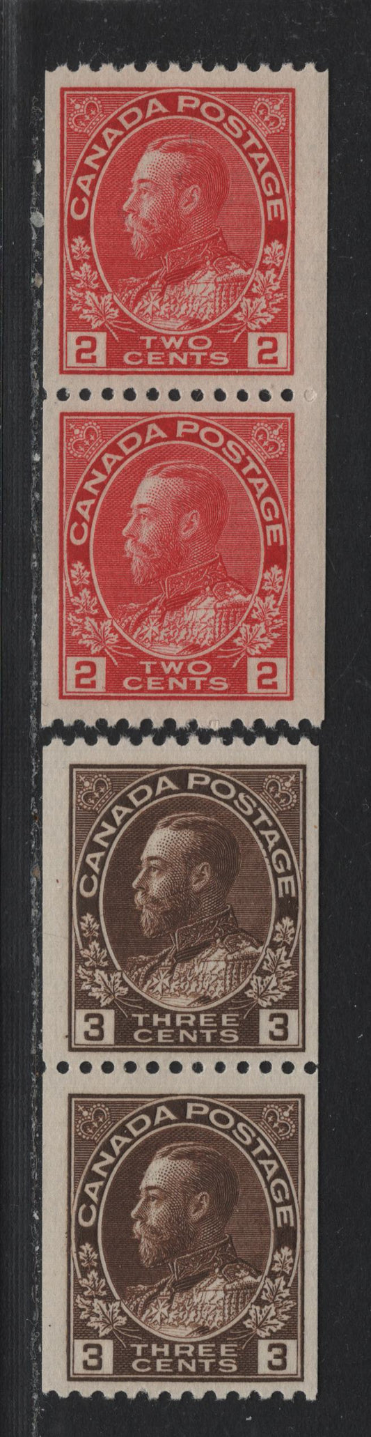 Lot 44 Canada (C) #132, 134 2c - 3c Bright Carmine Red - Deep Brown , 1915-1924 KGV Admiral Coil Issue, 2 FNH Coil Pairs, ABN-E & ABN-B Papers, Perf 11.8 Horizontally, 3mm Spacing Between Stamps, Retouched Frameline.