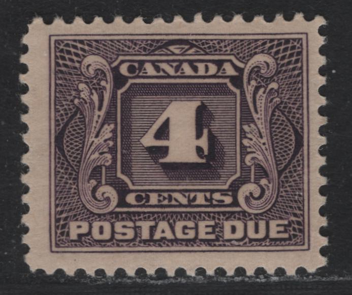 Lot 51 Canada (C) #J3 4c Deep Rose Lilac , 1906-1928 First Postage Due Issue, A FOG Single, ABN-JJJ Paper, Perf 11.9, Gum Is Nh, But There Is A Tiny Sliver Of Gum Disturbance In The LR Corner.