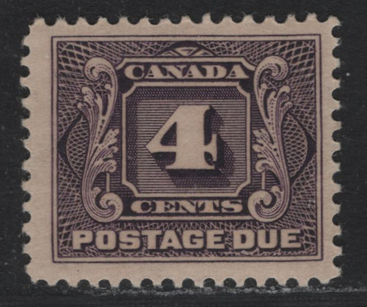 Lot 51 Canada (C) #J3 4c Deep Rose Lilac , 1906-1928 First Postage Due Issue, A FOG Single, ABN-JJJ Paper, Perf 11.9, Gum Is Nh, But There Is A Tiny Sliver Of Gum Disturbance In The LR Corner.