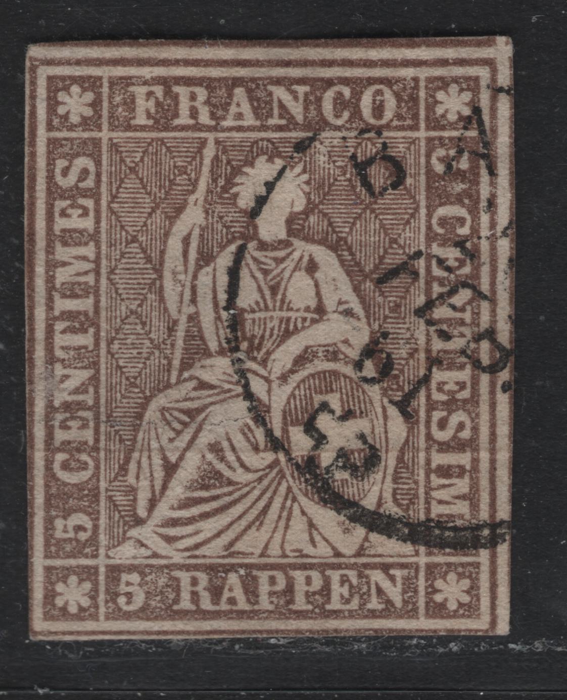 Lot 63 Switzerland Scott#24 5r Yellow Brown , 1855-1857 Struebel Issue, A Very Good Used Single, Yellow Silk Thread, Medium Thick Paper, 1861 Cancel, Tiny Pinhole.