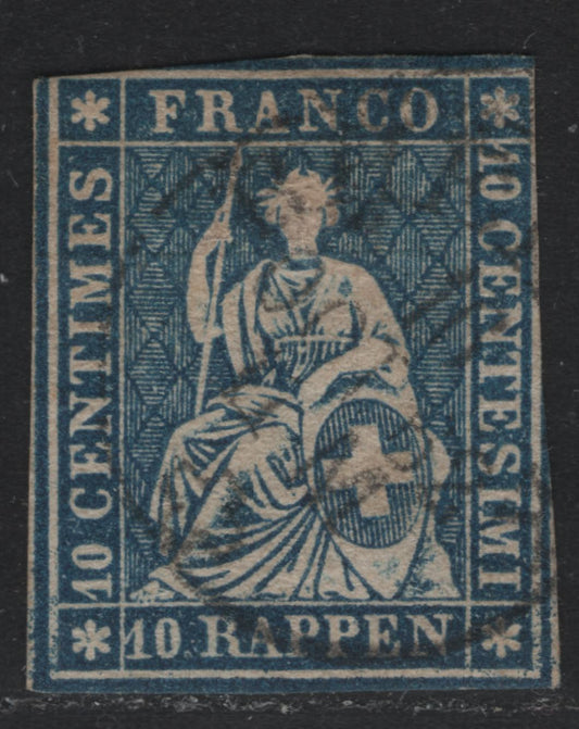 Lot 64 Switzerland Scott#37 10r Blue , 1858-1862 Struebel Issue, A Very Good Used Single, Green Silk Thread
