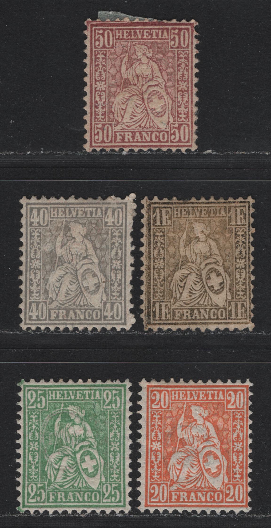 Lot 67 Switzerland Scott#64-68 20c - 1fr Orange - Gold , 1881 Seated Helvetia Issue, 5 F/VFOG & Unused Singles, 50f & 1fr Having No Gum, Granite Paper