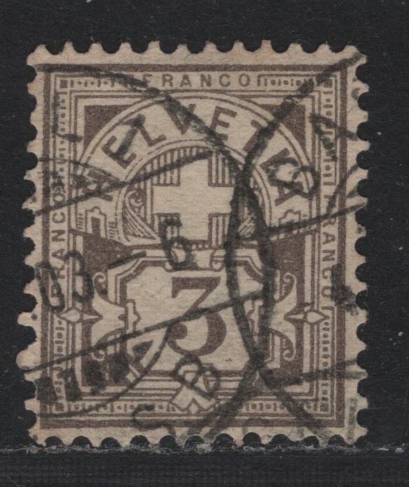 Lot 68 Switzerland Scott#70a 3c Gray , 1882-1899 Numeral & Cross Issue, A Very Fine Used Single, Type II Wmk, Granite Paper, Creased Corner Perf.