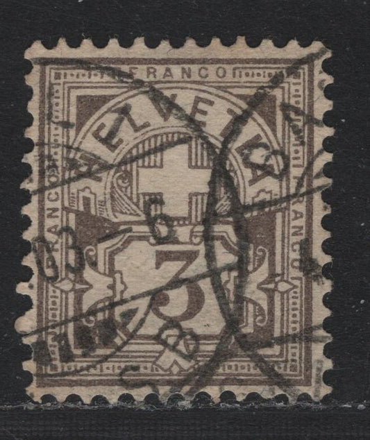 Lot 68 Switzerland Scott#70a 3c Gray , 1882-1899 Numeral & Cross Issue, A Very Fine Used Single, Type II Wmk, Granite Paper, Creased Corner Perf.