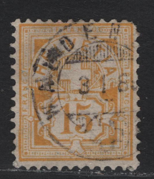Lot 70 Switzerland Scott#75 15c Yellow , 1882-1899 Numeral & Cross Issue, A Fine Used Single, Type 1 Wmk, Granite Paper