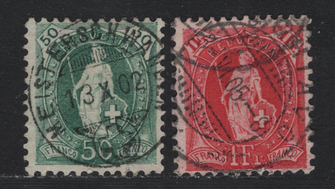 Lot 73 Switzerland Scott#96a, 97 50c - 1fr Green - Carmine , 1891-1903 Standing Helvetia Issue, 2 Fine Used Singles, Wmk Type 1 (50c) & Type 2 (1fr), Perf 11.5x12