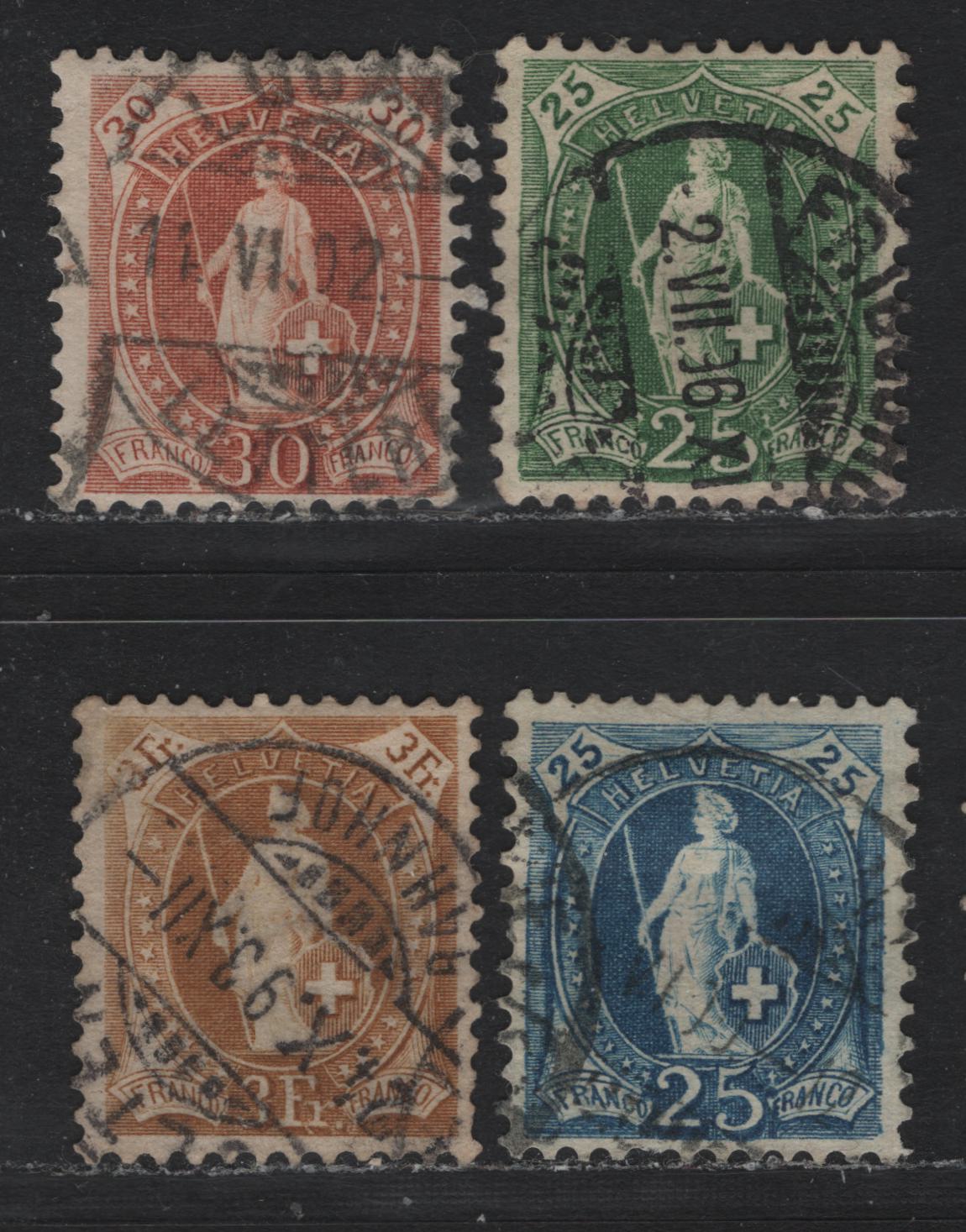 Lot 74 Switzerland Scott#83a, 88b, 94, 95a 25c - 3fr Green - Yellow Brown , 1891-1903 Standing Helvetia Issue, 4 Fine/Very Fine Used Singles, Wmk Type II, Perfs 11.5x11 & 11.5x12