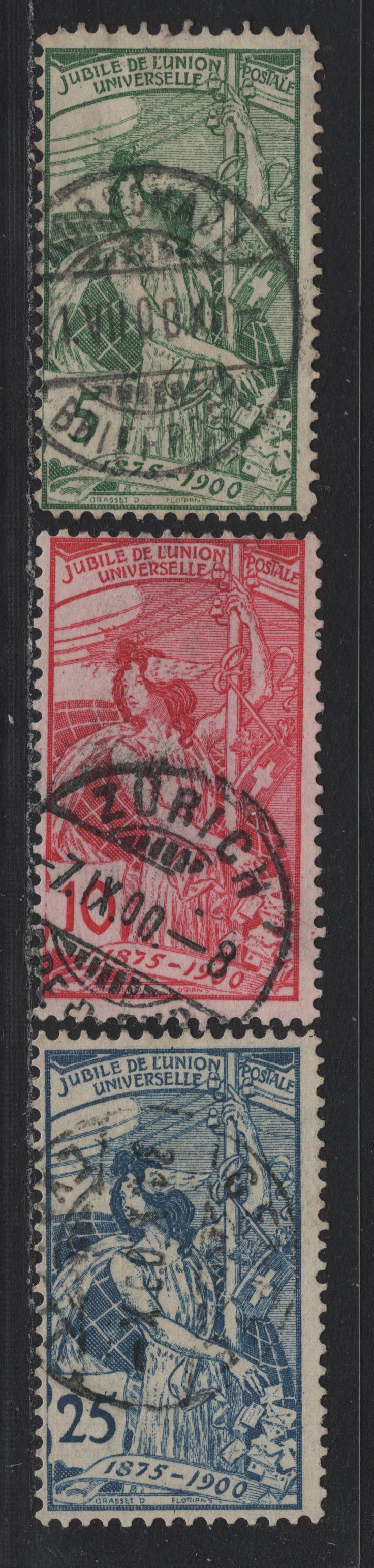 Lot 75 Switzerland Scott#98-100 5c - 25c Green - Blue , 1900 UPU Issue, 3 Fine Used Singles