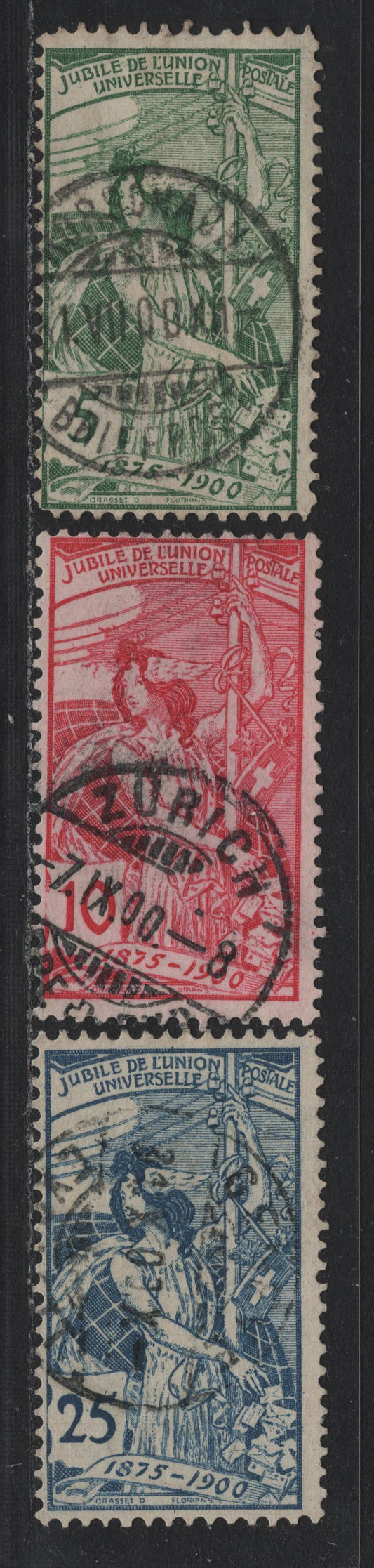 Lot 75 Switzerland Scott#98-100 5c - 25c Green - Blue , 1900 UPU Issue, 3 Fine Used Singles