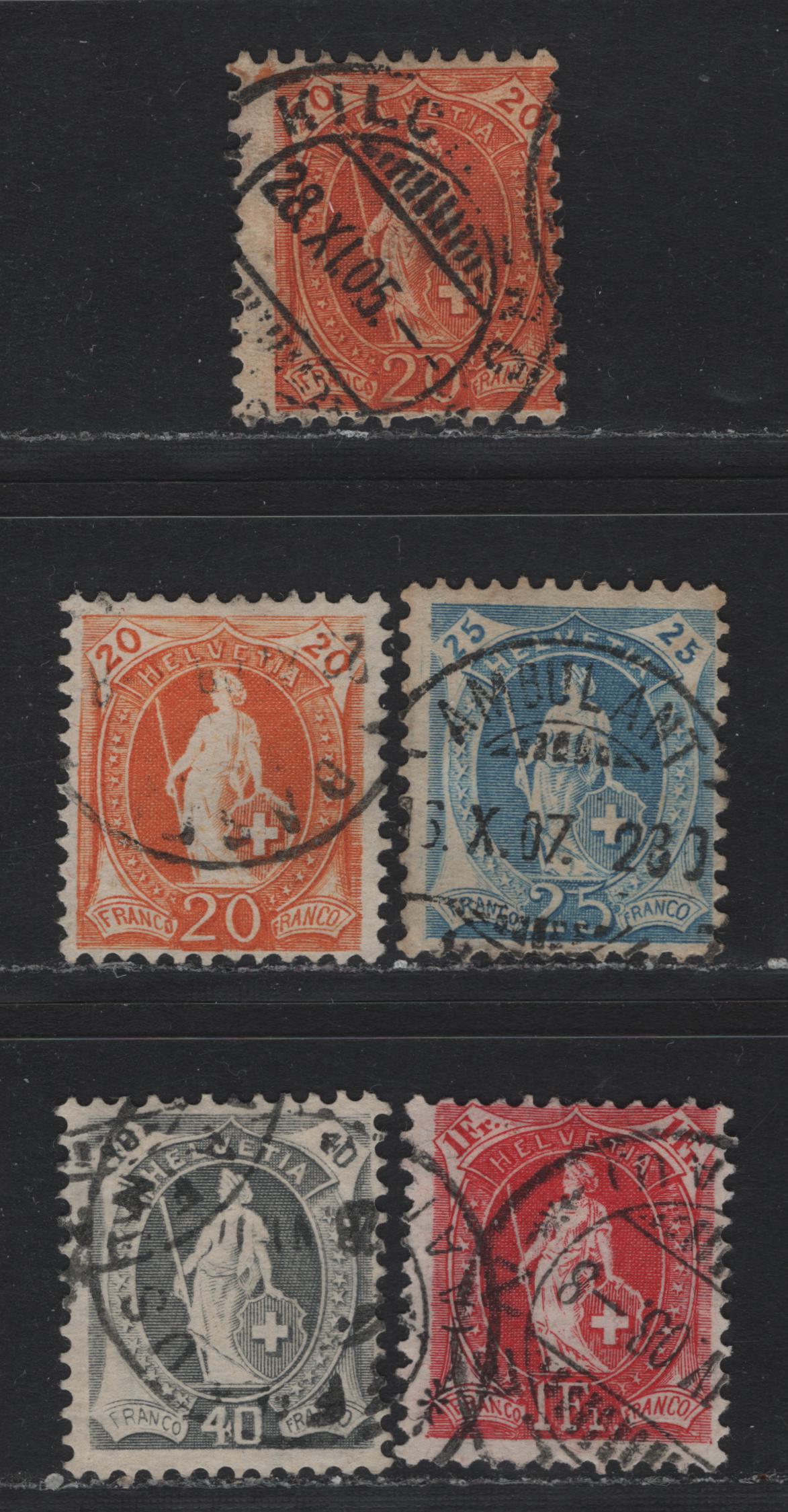 Lot 76 Switzerland Scott#105, 108, 112, 119, 124 20c - 1fr Orange - Gray , 1905-1907 Helvetia Issue, 5 Fine Used Singles, Perfs 11.5x11, 11.5x12 & 11.5, 1fr On Franite Paper, Crosses Wmk.