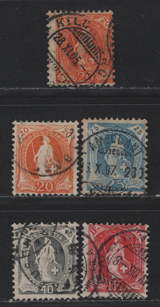 Lot 76 Switzerland Scott#105, 108, 112, 119, 124 20c - 1fr Orange - Gray , 1905-1907 Helvetia Issue, 5 Fine Used Singles, Perfs 11.5x11, 11.5x12 & 11.5, 1fr On Franite Paper, Crosses Wmk.