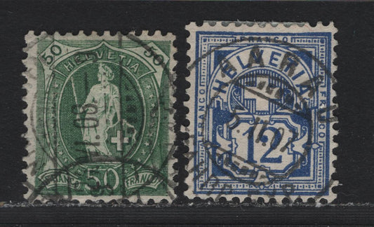 Lot 77 Switzerland Scott#117, 123 12c - 50c Ultramarine - Gray Green , 1905-1907 Helvetia - Numeral Issues, 2 Very Fine Used Singles, Crosses Wmk, Granite Paper