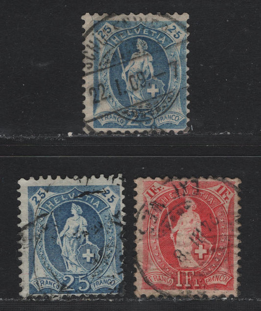 Lot 78 Switzerland Scott#120, 124 25c - 1fr Blue - Carmine , 1907 Helvetia Issue, 3 Very Good Used Singles, Crosses Wmk, Perfs 11.5x12, Granite Paper, Two Shades Of 25c, 1fr Has A Light Crease.