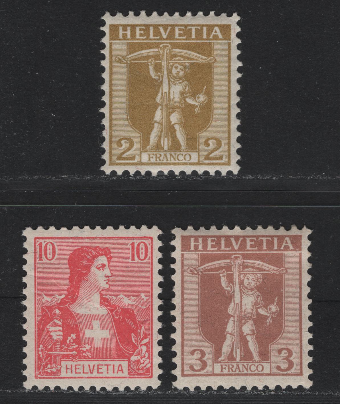 Lot 79 Switzerland Scott#126-127, 129 2c - 10c Pale Bistre - Rose Red , 1907-1925 William Tell's SON & Helvetia Issue, 3 F/VFNH Singles, The 10c Is NH, But Has A Gum Crease