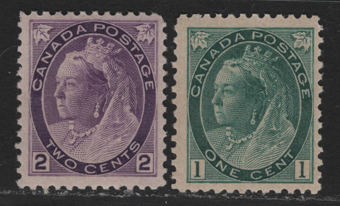 Lot 8 Canada (C) #75ii, 76i 1c - 2c Blue Green - Violet , 1898-1902 Numeral Issue, 2 VFNH Singles, ABN-A Paper, Perfs 12x11.8 & 11.9x11.8
