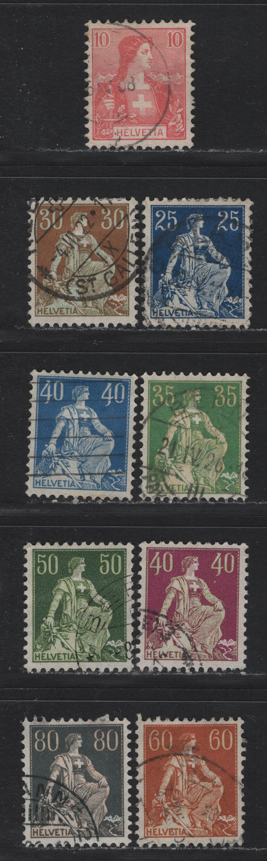 Lot 81 Switzerland Scott#129, 133-135, 137a, 138a, 139-140, 143-145 10c - 80c Rose Red - Slate & Buff , 1907-1925 William Tell's SON & Helvetia Issue, 11 Very Fine Used Singles, Normal Granite Paper