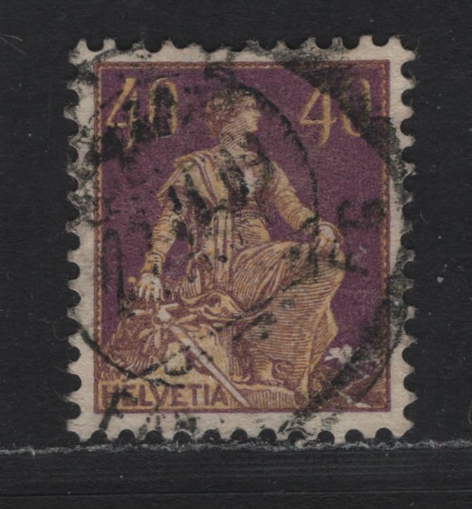 Lot 82 Switzerland Scott#136a 40c Red Violet & Yellow , 1907-1925 William Tell's SON & Helvetia Issue, A Very Fine Used Single, Showing Full Name Of Designer On Rock, Elusive With This Inscription
