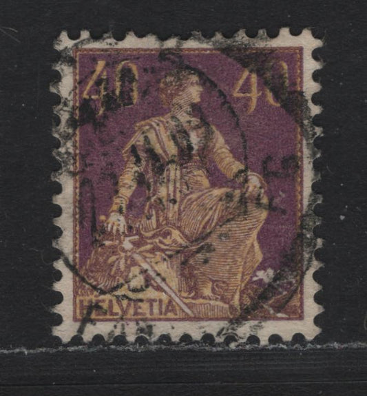 Lot 82 Switzerland Scott#136a 40c Red Violet & Yellow , 1907-1925 William Tell's SON & Helvetia Issue, A Very Fine Used Single, Showing Full Name Of Designer On Rock, Elusive With This Inscription