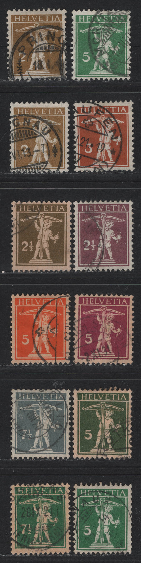 Lot 85 Switzerland Scott#148-149, 151, 153-155, 157-158, 160, 161, 162c, 163 5c - 7.5c Green - Deep Green , 1909-1930 William Tell's SON & Helvetia Issue, 12 Fine/Very Fine Used Singles, Original Design - First Redrawing & Second Redrawing