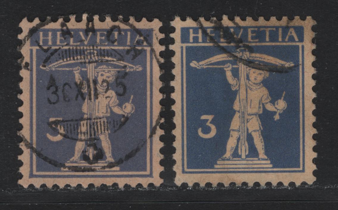 Lot 86 Switzerland Scott#156, 156var 3c Ultramarine on Buff , 1911-1930 William Tell's SON Issue, 2 Very Fine Used Singles, First & Second Redrawing