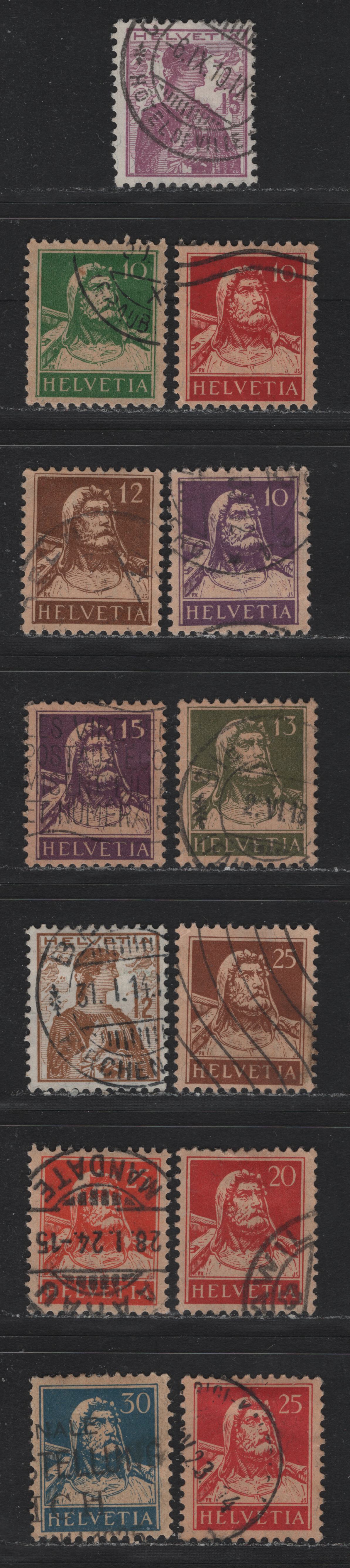 Lot 87 Switzerland Scott#165-172, 176-180 12c - 30c Bistre Brown - Blue on Buff , 1909-1930 Helvetia & William Tell Issues, 13 Fine Used Singles