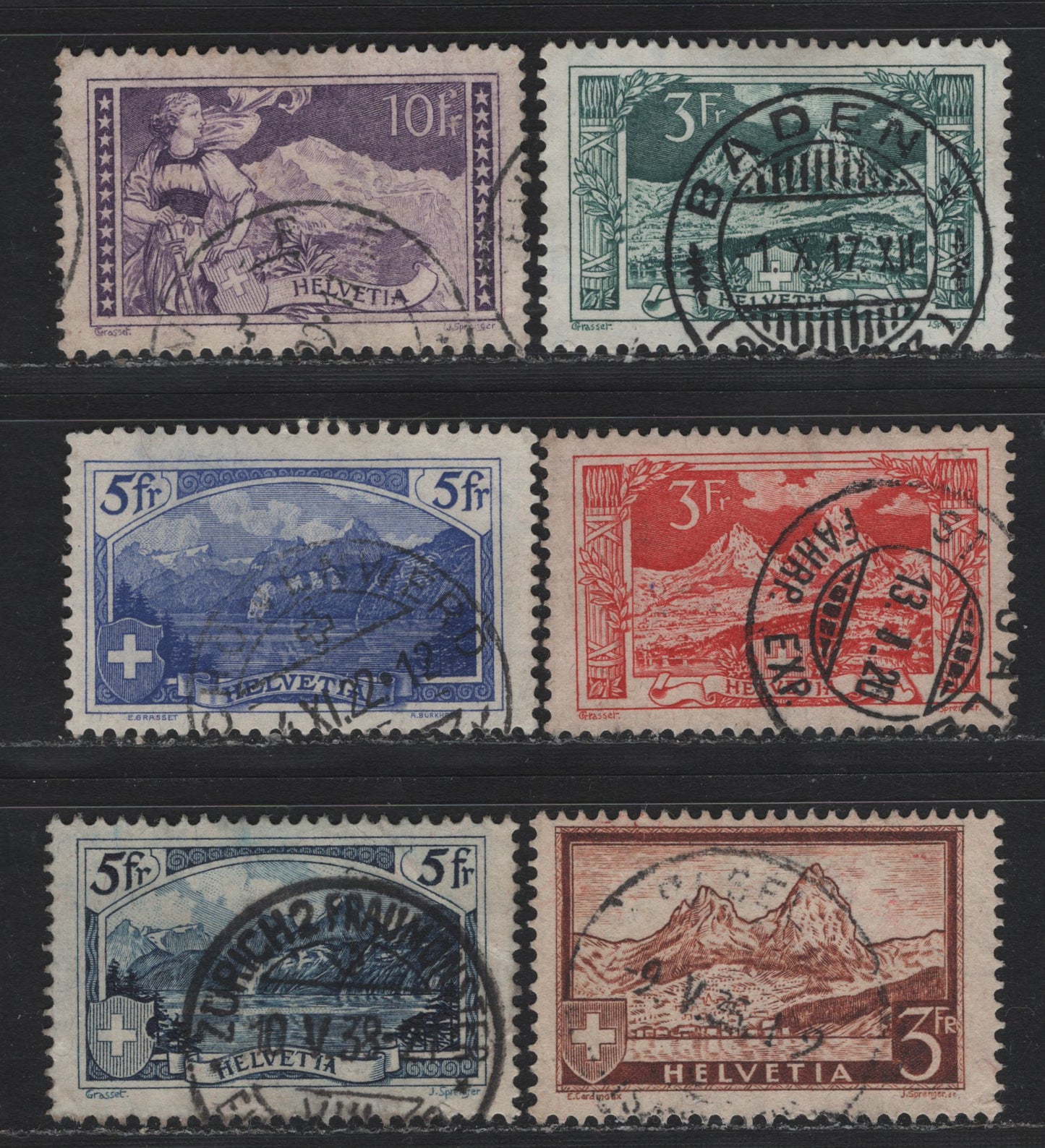 Lot 88 Switzerland Scott#181-184, 206, 209 3fr - 10fr Prussian Green - Dull Violet , 1914-1931 Pictorial Definitives, 6 Fine/Very Fine Used Singles