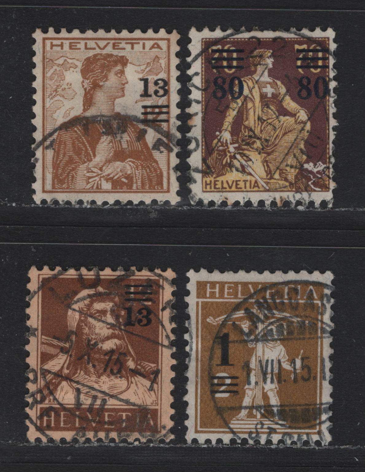 Lot 89 Switzerland Scott#186-189 1c on 2c - 80c on 70c Bistre , 1915 William Tell, William Tell's SON & Helvetia Surcharged Issues, 4 Fine/Very Fine Used Singles
