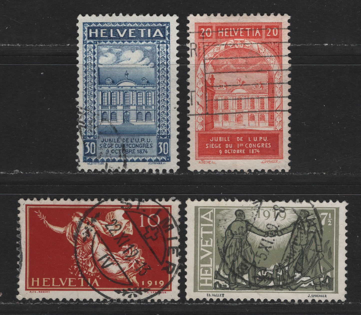 Lot 90 Switzerland Scott#190-191, 204-205 7.5c - 30c Olive Drab & Black - Dull Blue , 1919-1924 Peace - UPU Issues, 4 Very Fine Used Singles