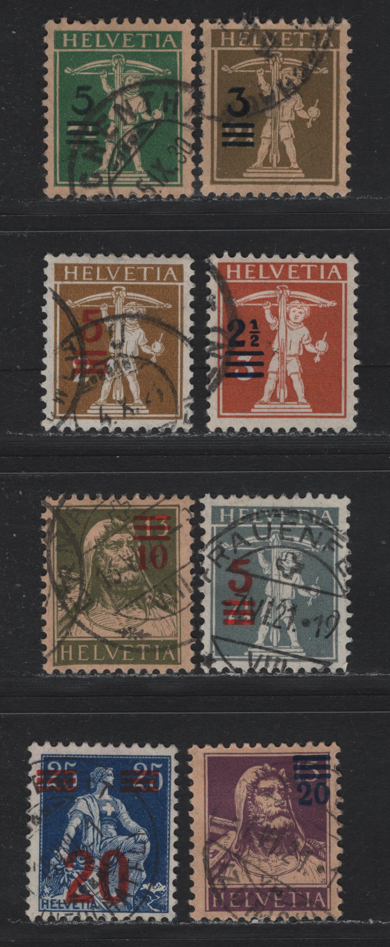 Lot 91 Switzerland Scott#193-196, 198-199, 207-208 2.5c on 3c - 5c on 7c Deep Green on Buss , 1921-1930 Surcharged Issue, 8 Very Fine Used Singles