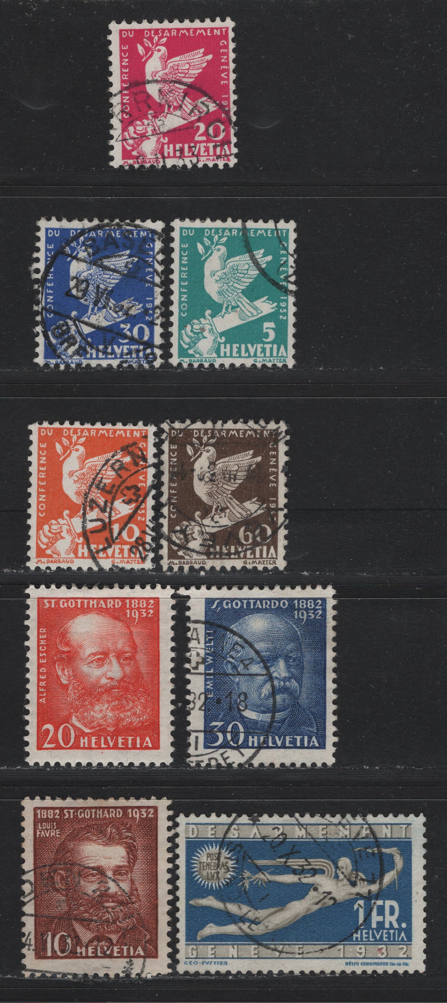 Lot 93 Switzerland Scott#210-218 5c - 30c Peacock Blue - Deep Ultramarine , 1932 Int'l Diaarmament Conference - Completion of St Grotthard Tunnel Issues, 9 Fine/Very Fine Used Singles