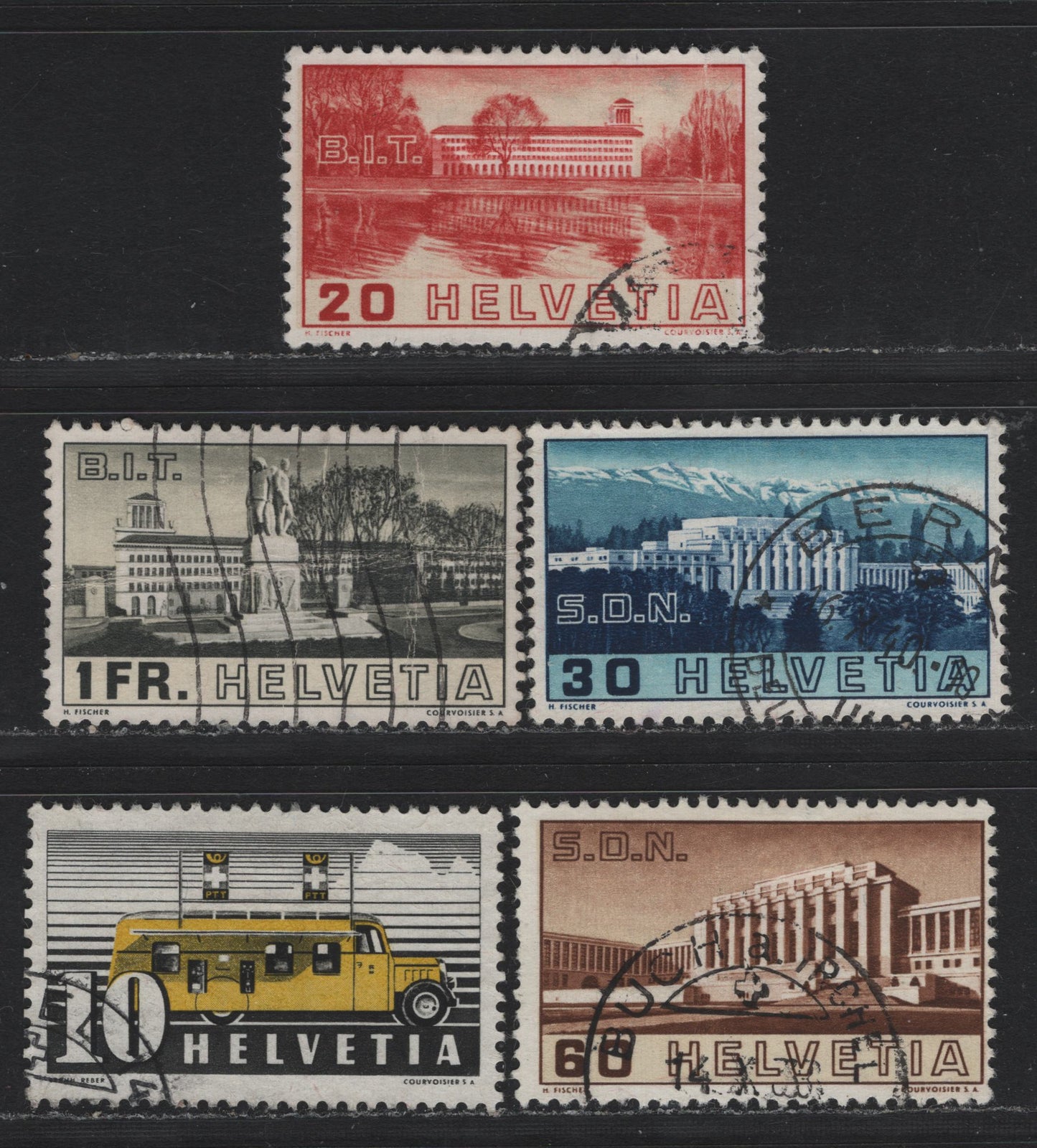 Lot 95 Switzerland Scott#237-241 10c - 1fr Black & Yellow - Black & Buff , 1937-1938 Mobile Post Office - Opening Of Assembly Hall of League of Nations Issues, 5 Fine/Very Fine Used Singles, Vertical Creases on 20c & 2fr