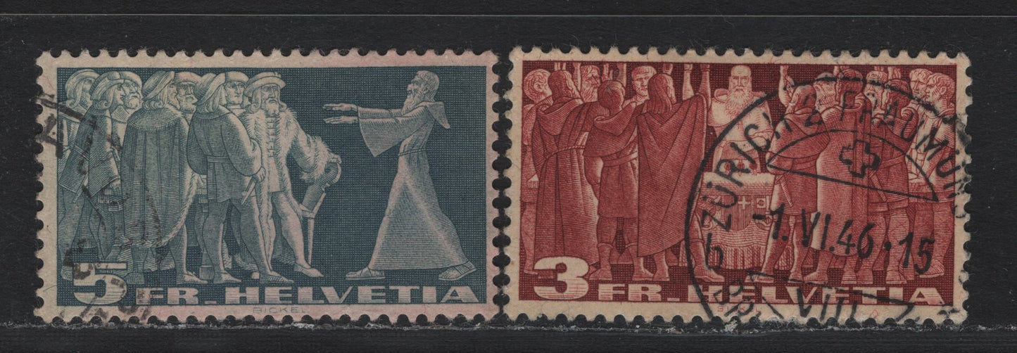 Lot 96 Switzerland Scott#244-245 3fr - 5fr Brown Carmine - Slate Blue , 1938 Symbolic High Value Definitives, 2 Very Fine Used Singles, Both On Greenish Paper
