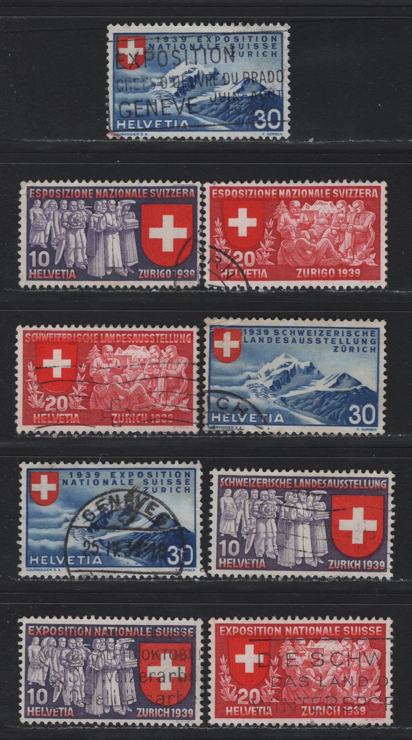Lot 98 Switzerland Scott#247-255 10c - 30c Dull Purple & Red - Deep Blue & Red , 1939 National Exposition Issue, 9 Very Fine Used Singles