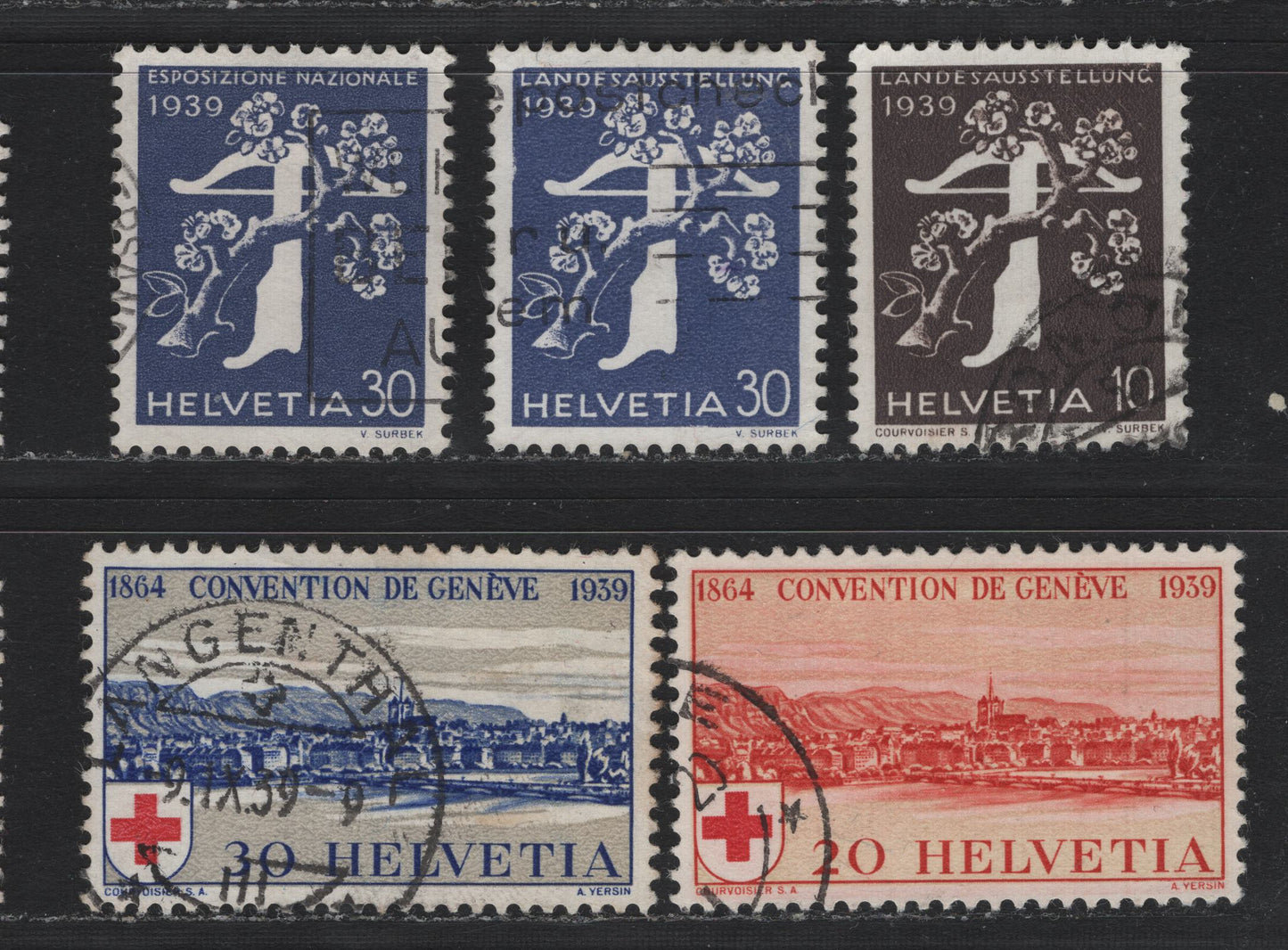 Lot 99 Switzerland Scott#261, 263, 267-269 10c - 30c Gray Brown - Violet Blue , 1939 National Exposition - 75th Anniv of Red Cross Issues, 5 Very Fine Used Singles, Granite Paper, Inscribed In German & Italian