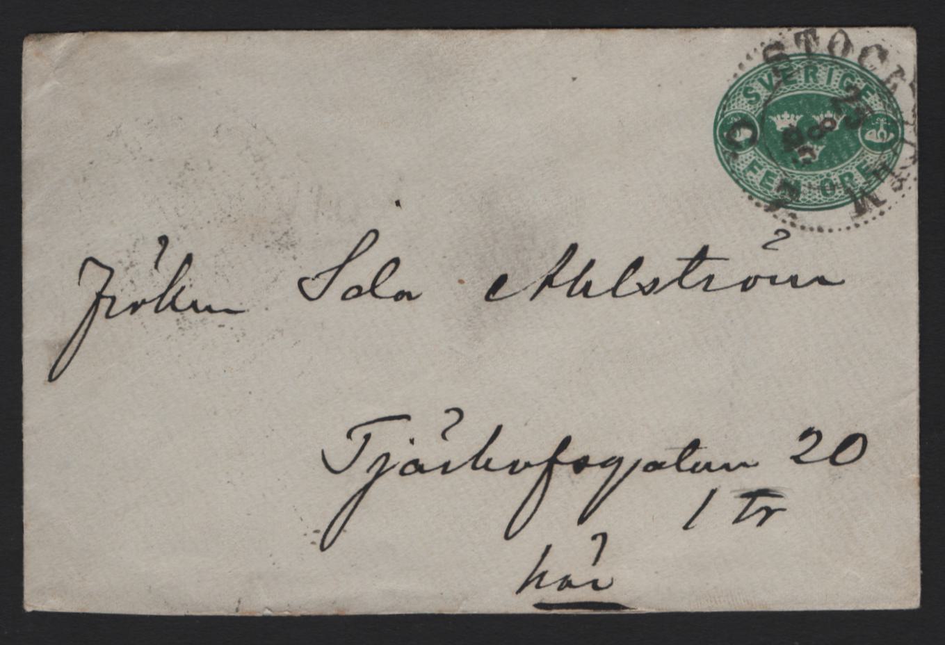 Lot 311 Sweden (C) Scott# 5o Green , , A Very Fine Used Stationary Envelope, Used From Stockholm On August 25 1893, Small Piece Missing From Backflap
