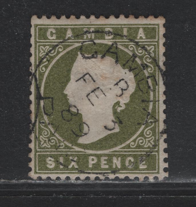 Lot 329 Gambia (C) Gibbons#32d 6d Olive Green , 1886-1893 Queen Victoria Cameo Heads Issue, A Fine Used Singles, Sideways Crown CA Wmk, Gambia Cancel Dated Feb 3 1889