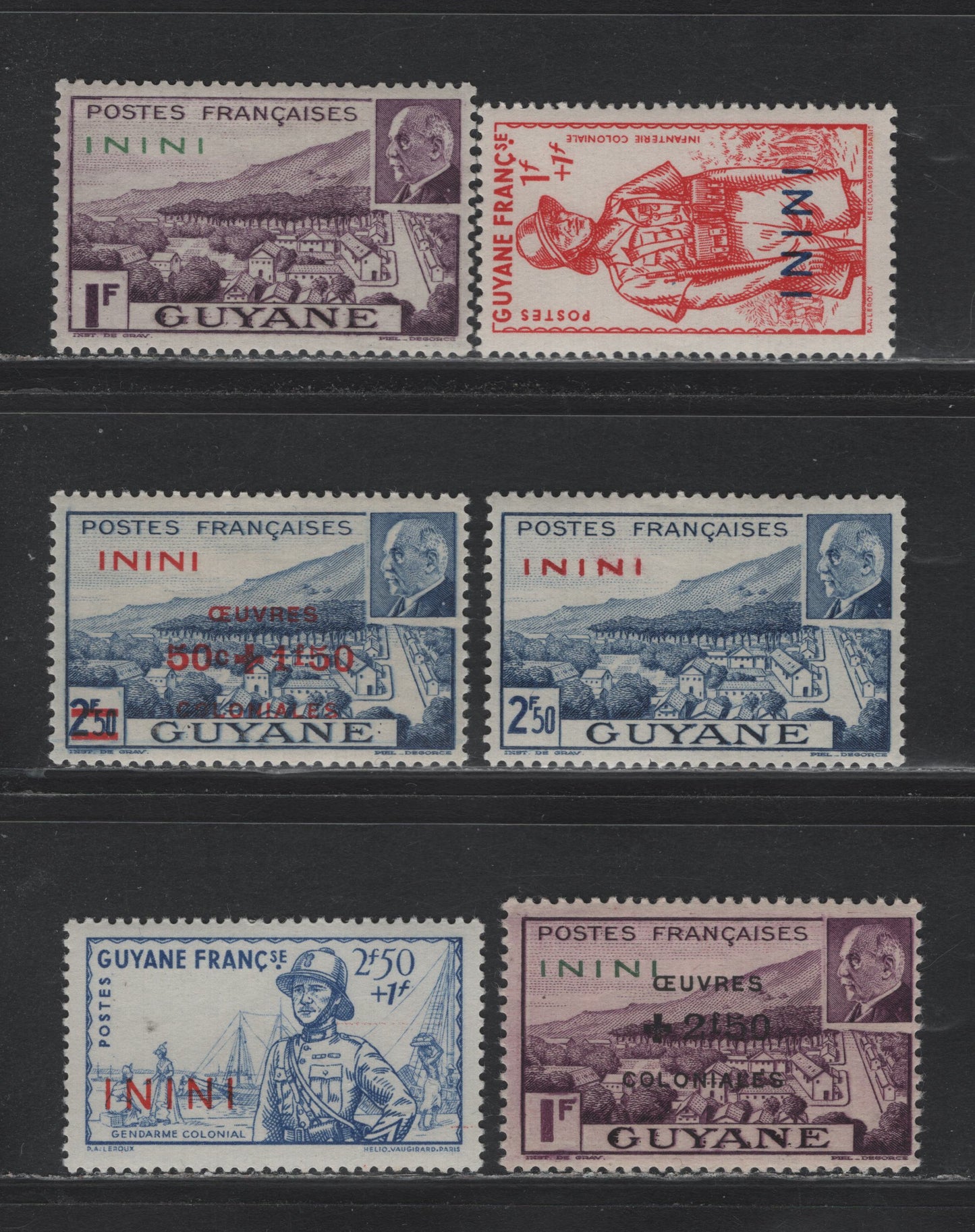 Lot 333 Inini (C) Scott#44-45, B6-B10 1f - 2f50+1f Violet - Blue , 1941-1944 Victory Gov't - Surdages Issue, 6 F/VFOG/NH Singles