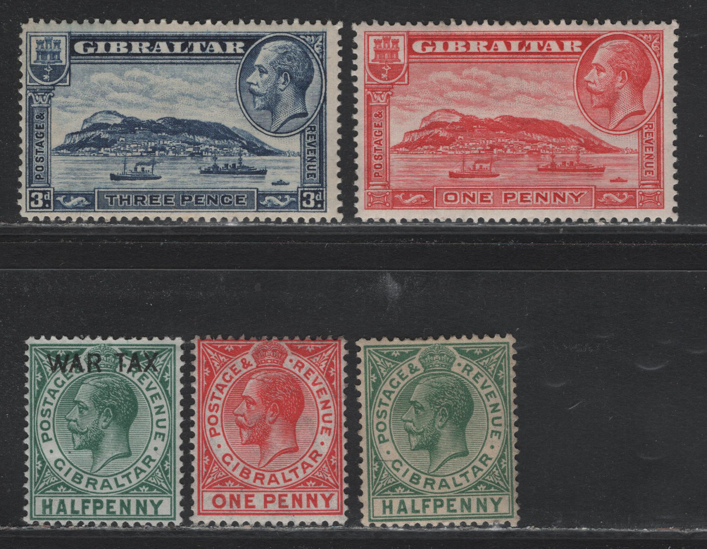 Lot 335A Gibraltar Gibbons#77, 86, 89, 110, 113 1d - 3d Carmine Red - Blue , 1912-1933 Rock of Gibraltar Issue, 5 F/VFNH/OG Singles, Multiple Crown CA Wmk, 3d Blue Is NH