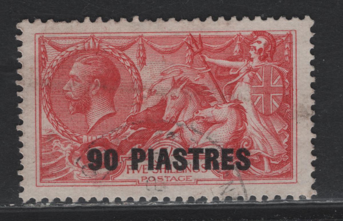 Lot 338 British Levant (C) Gibbons#49 90pi on 5/- Rose Carmine , 1921 Surcharged Issue, A Very Fine Used Single, Bradbury Wilkinson Printings