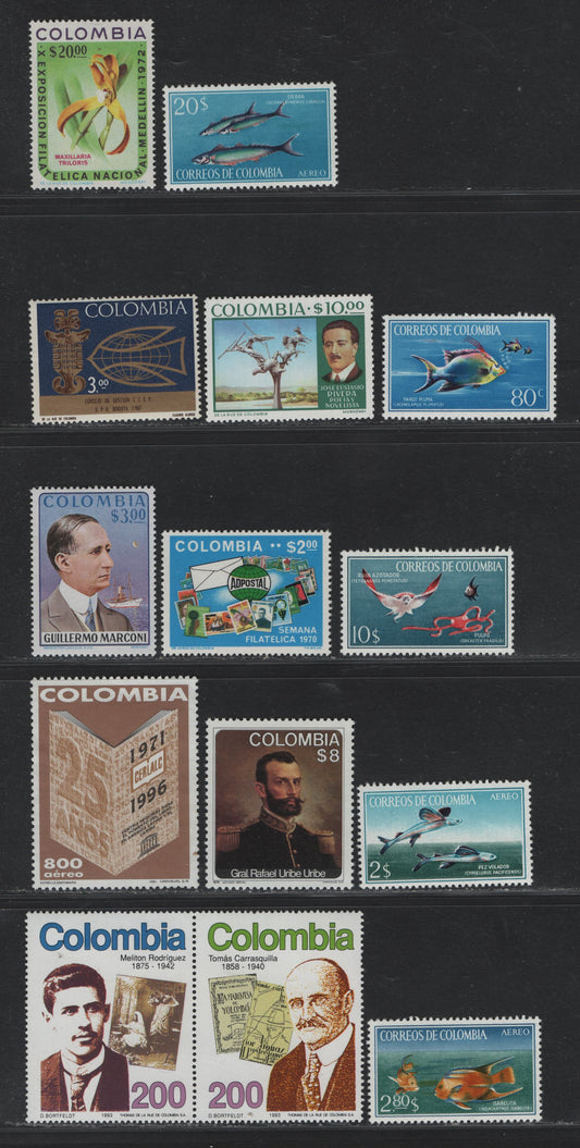 Lot 349 Columbia (C) SC#760-761, C481-C483, 791, 807, 773, 822, 829, 875, 1081c-d, C889 80c c 800p Multicolored , 1966-1996 Fish - UNEGibbonsO Airmail Issue, 13 VFOG/NH Singles & Pair