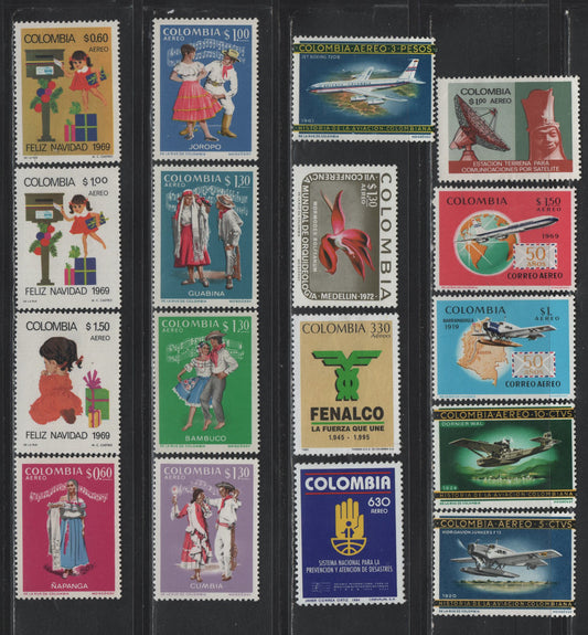 Lot 350 Columbia (C) SC#C471-C472, C479, C520-C521, C523-C526, C533-C537, C572, C862, C873 5c - 330p Multicolored , 1965-1995 History of Columbian Aviation - 50th Anniv of Fenalco Issues, 17 VFOG Singles