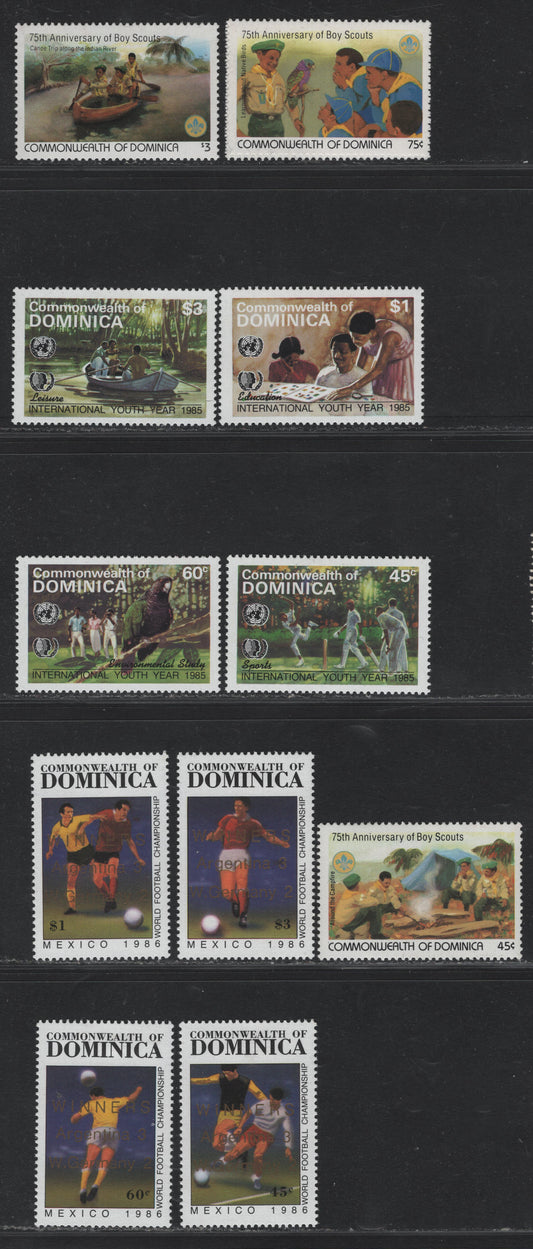 Lot 350A Dominica (C) Gibbons#901-904, 974-978, 777-780 45c - $3 Multicolored , 1982-1986 75th Anniv of Gibbonsouts - World Cup Winners Issues, 11 VFOG Singles