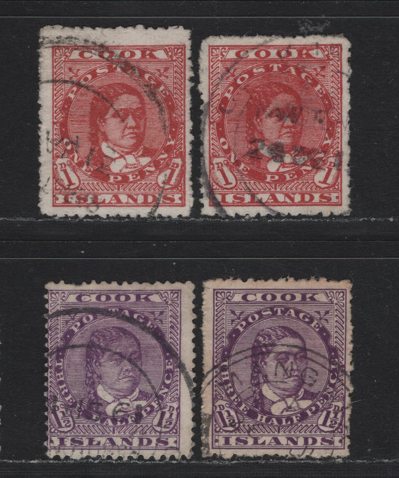 Lot 352B Cook Islands (C) Gibbons#38-a, 42-42 1d - 1.5d Red =- Deep Mauve , 1907-1919 Queen Makea Takau Issue, 4 Very Good/Fine/Very Fine Used Singles, Star & NZ Sideways & Upright Wmks, Ordinary & Chalky Papers, Perfs 14 & 14x15.