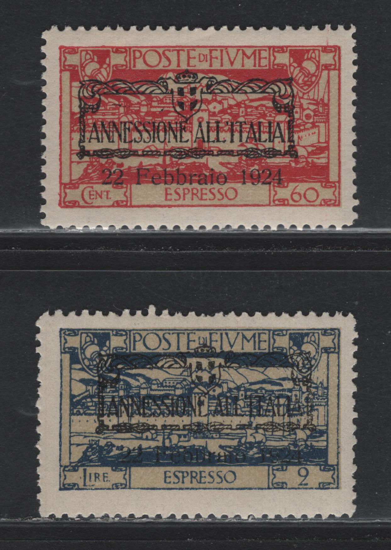Lot 357 Fiume (C) SC#E16-E17 60c - 2l Carmine & Buff - Dark Blue & Buff , 1924 Annexation By Italy Special Delivery Issue, 2 FNH/VFOG Singles