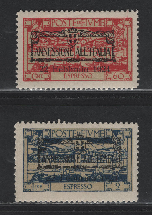 Lot 357 Fiume (C) SC#E16-E17 60c - 2l Carmine & Buff - Dark Blue & Buff , 1924 Annexation By Italy Special Delivery Issue, 2 FNH/VFOG Singles