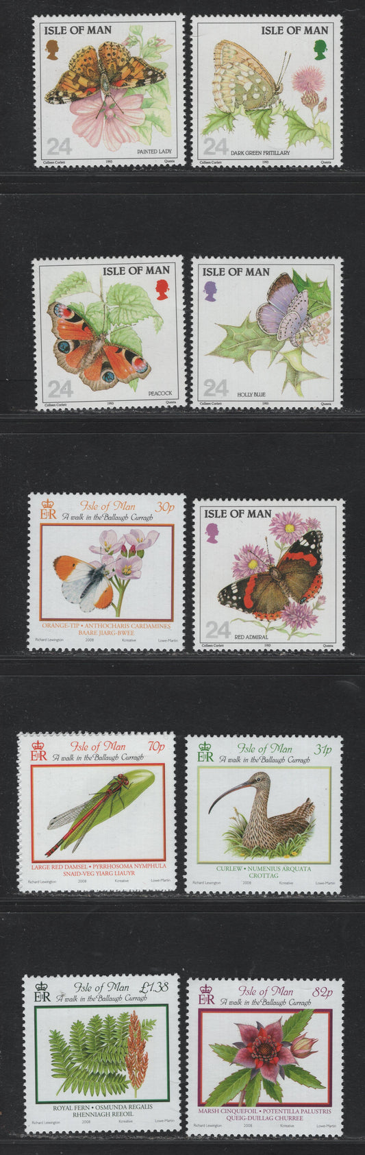 Lot 360 Isle of Man (C) SC#567-571, 1284-1289 24p - £1.38 Multicolored , 1993-2008 Butterflies - Flora & Fauna Of Ballaugh Curragh Issues, 10 VFNH Singles