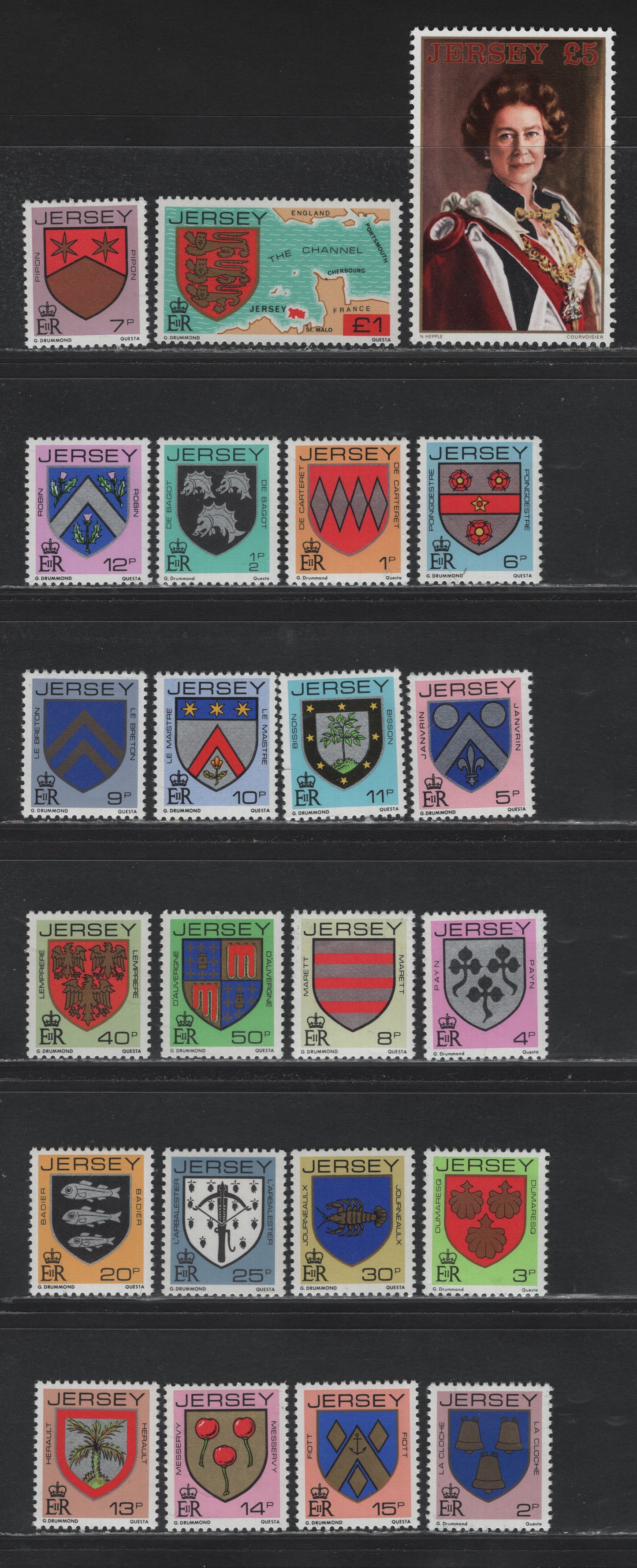 Lot 361 Jersey (C) SC#246-268 1/2p - £5 Multicolored , 1981-1983 Arms & Queen Elizabeth II Issues, 23 VFOG Singles