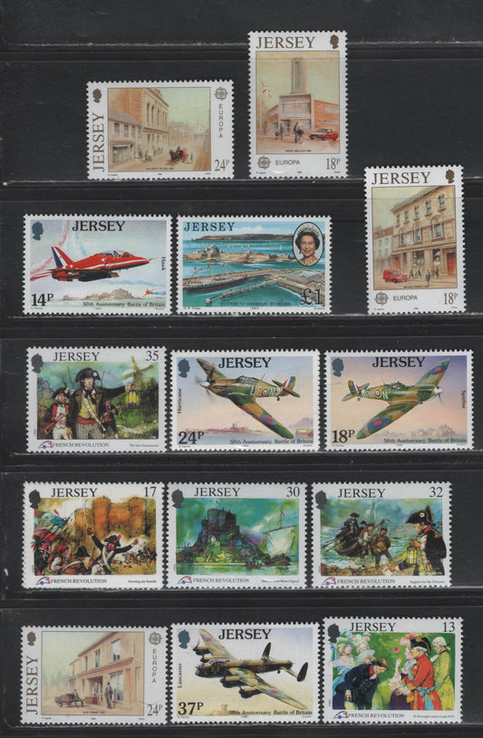 Lot 362 Jersey (C) SC#515-521, 532-535, 544-548 £1 - 37p Multicolored , 1989-1990 Visit of Q.E II To Jersey - 50th Anniv of Battle of Britain Issues, 14 VFNH Singles, 515 Is NH, Rest Are LH