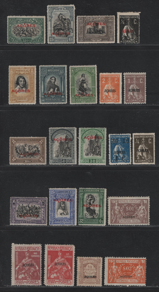 Lot 372 Azores (C) SC#173b 174a, 180b, 197, 301, 277-280, 282-283, 285, 290, 289, 291-292, 293, J16, Q1-Q2, RA3 1/4c - 2c Olive Brown - Claret , 1914-1924 Overprinted Ceres - Postal Tax Issues, 22 VG/F/VFOG/NH Singles