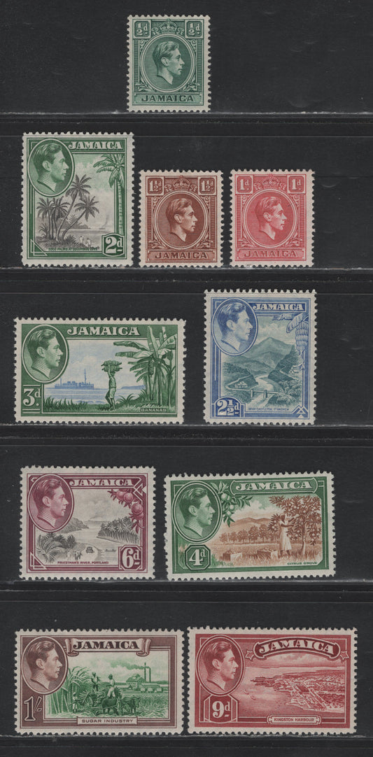 Lot 379 Jamaica (C) Gibbons#121/130 1/2d - 1/- Blue Green - Green & Brown , 1938-1952 KGVI Pictorial Definitive, 10 VFOG Singles, Perf 12.5, Mostly All Wartime Printings, Crackly Gum.